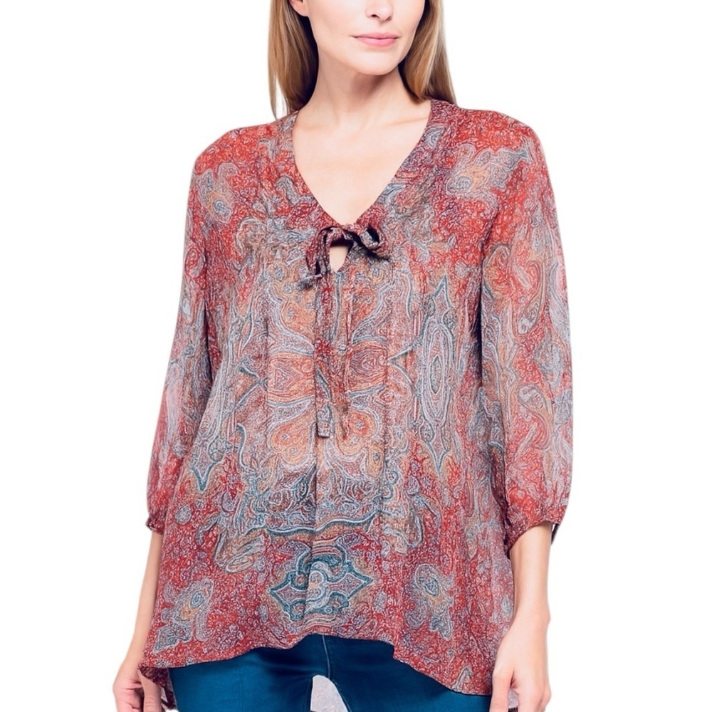 Sundance | 100% Silk Paisley Blouse Tie Neck 3/4 Sleeve Sheer Sz M EUC